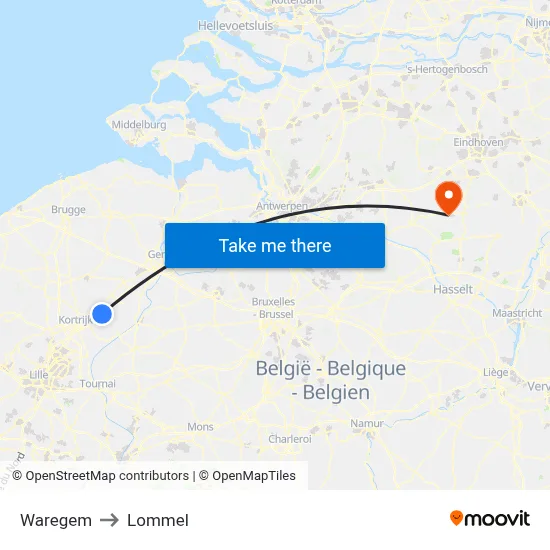 Waregem to Lommel map