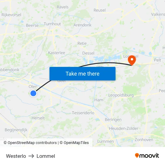 Westerlo to Lommel map