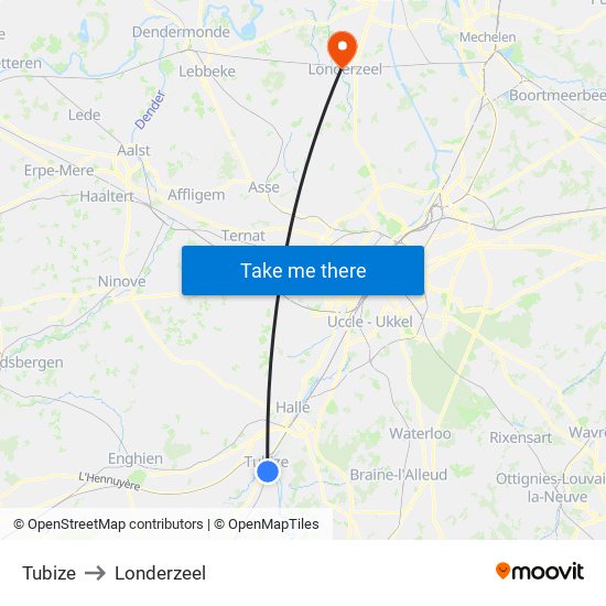 Tubize to Londerzeel map