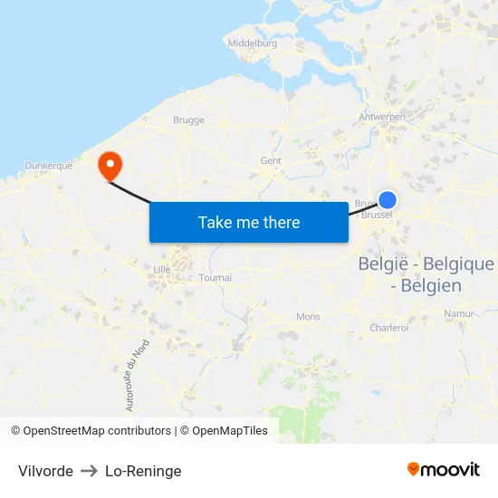 Vilvorde to Lo-Reninge map