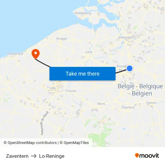 Zaventem to Lo-Reninge map