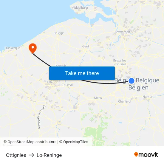 Ottignies to Lo-Reninge map