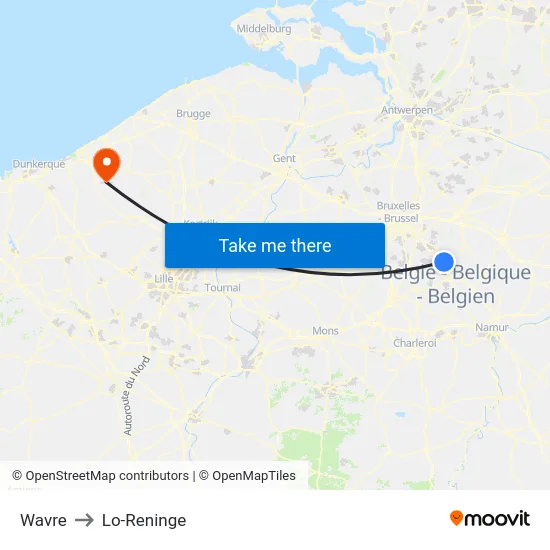 Wavre to Lo-Reninge map