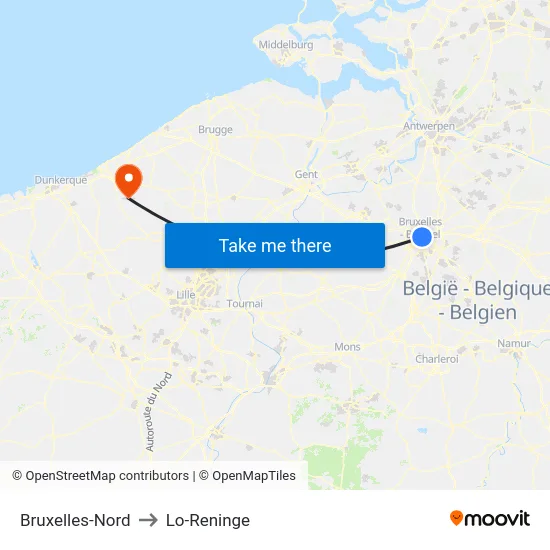 Bruxelles-Nord to Lo-Reninge map