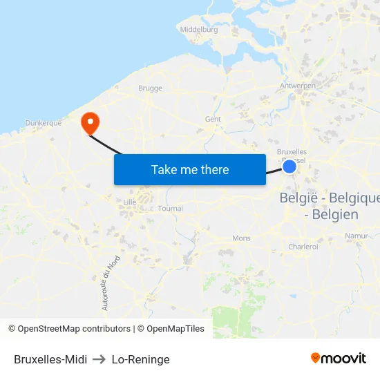 Bruxelles-Midi to Lo-Reninge map