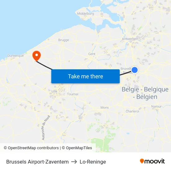 Brussels Airport-Zaventem to Lo-Reninge map