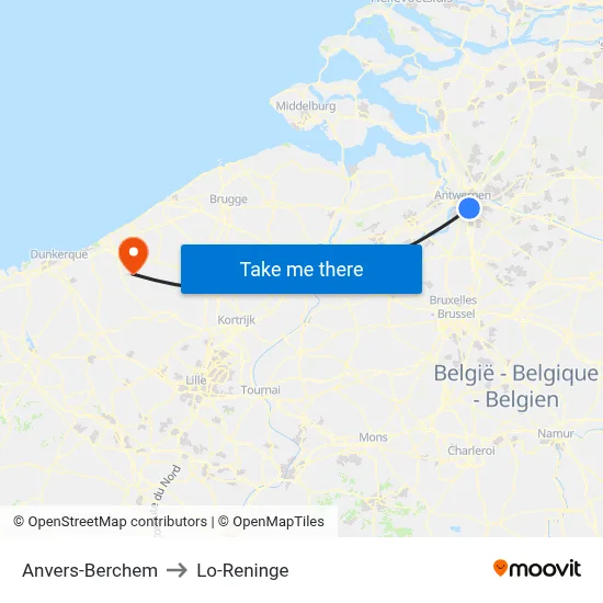 Anvers-Berchem to Lo-Reninge map
