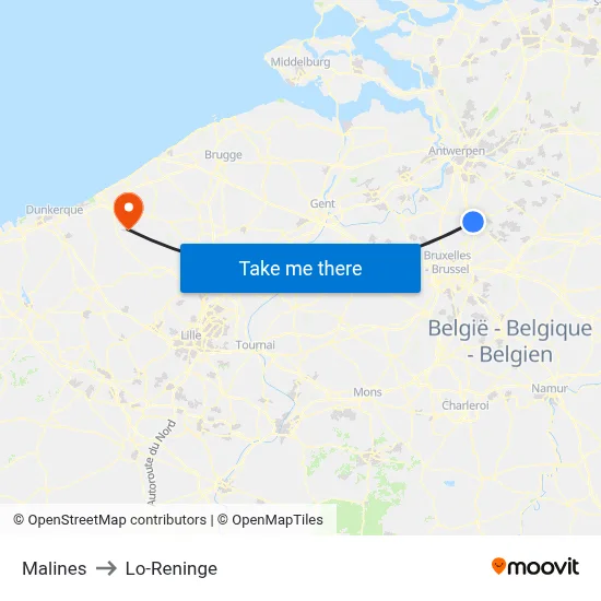 Malines to Lo-Reninge map