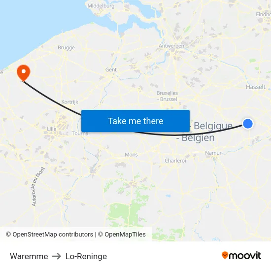 Waremme to Lo-Reninge map