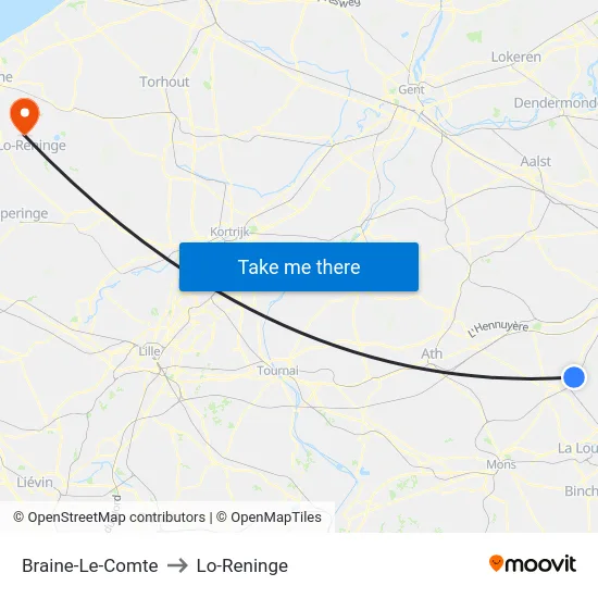 Braine-Le-Comte to Lo-Reninge map