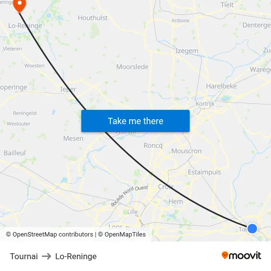 Tournai to Lo-Reninge map