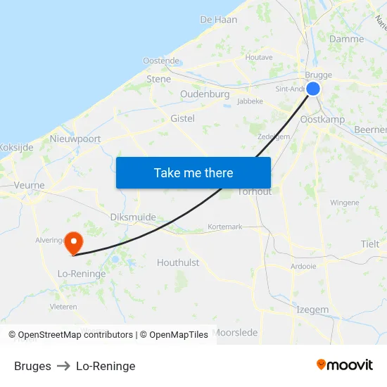 Bruges to Lo-Reninge map