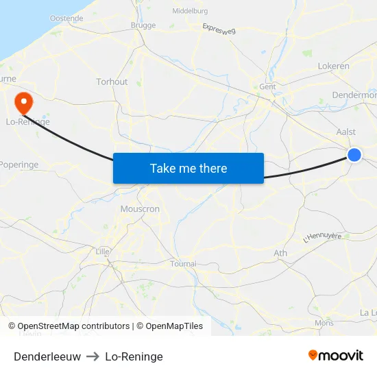 Denderleeuw to Lo-Reninge map