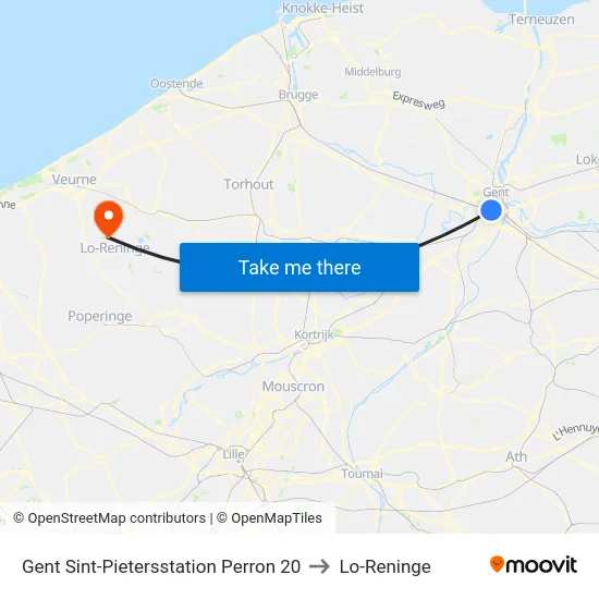 Gent Sint-Pietersstation Perron 20 to Lo-Reninge map