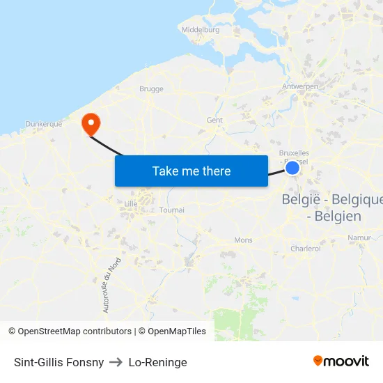 Sint-Gillis Fonsny to Lo-Reninge map