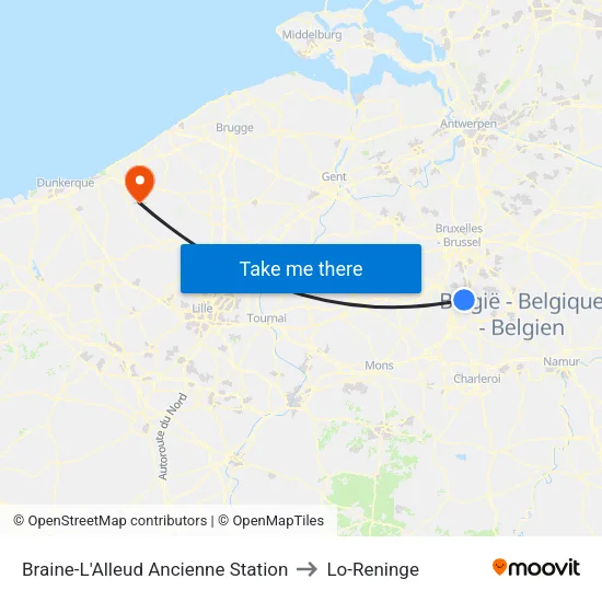 Braine-L'Alleud Ancienne Station to Lo-Reninge map