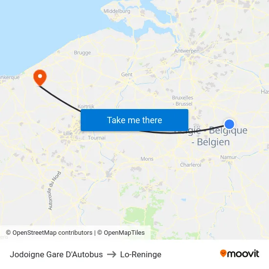 Jodoigne Gare D'Autobus to Lo-Reninge map