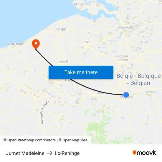 Jumet Madeleine to Lo-Reninge map