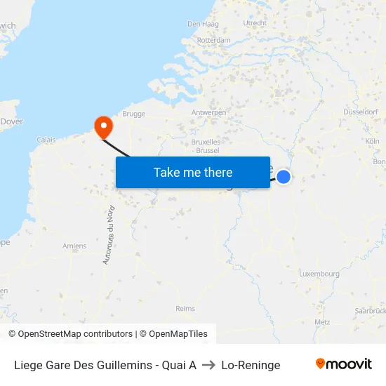 Liege Gare Des Guillemins - Quai A to Lo-Reninge map