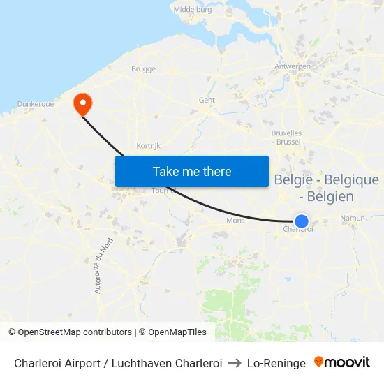 Charleroi Airport / Luchthaven Charleroi to Lo-Reninge map