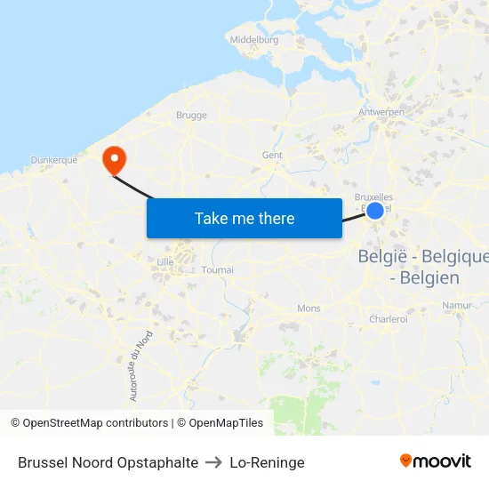 Brussel Noord Opstaphalte to Lo-Reninge map