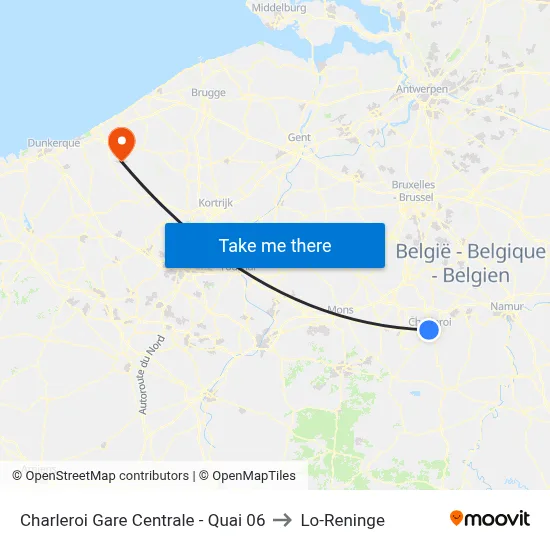 Charleroi Gare Centrale - Quai 06 to Lo-Reninge map
