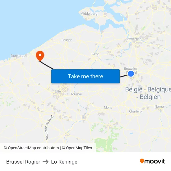 Brussel Rogier to Lo-Reninge map