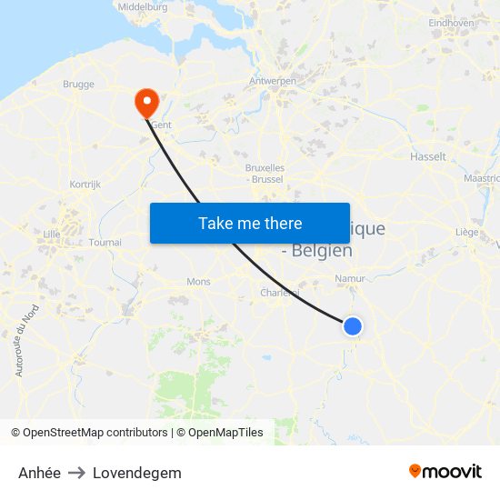 Anhée to Lovendegem map