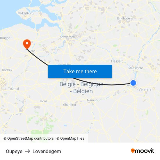 Oupeye to Lovendegem map