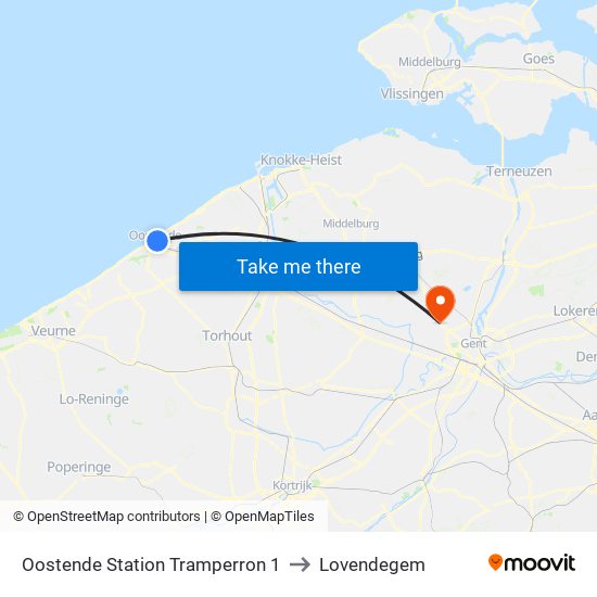 Oostende Station Tramperron 1 to Lovendegem map