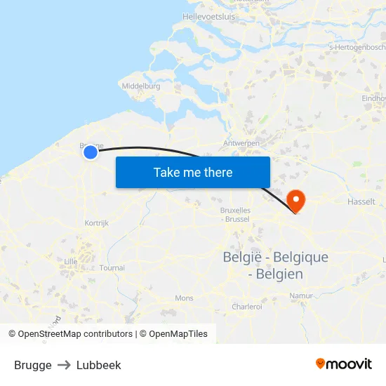 Brugge to Lubbeek map
