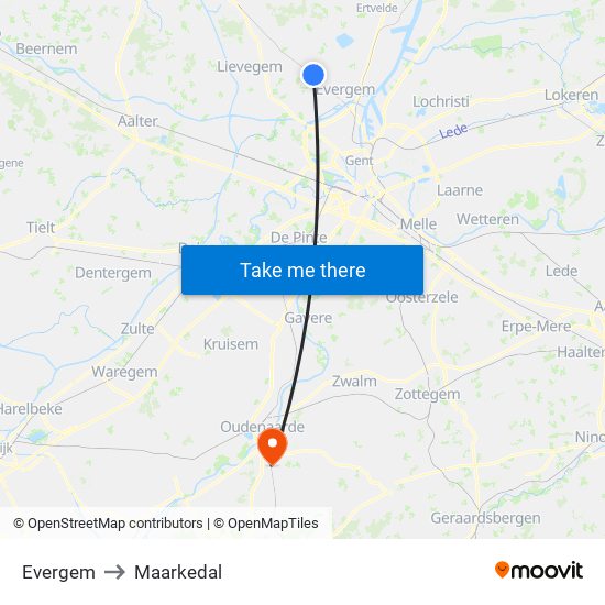 Evergem to Maarkedal map