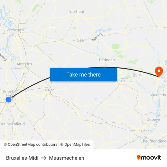 Bruxelles-Midi to Maasmechelen map