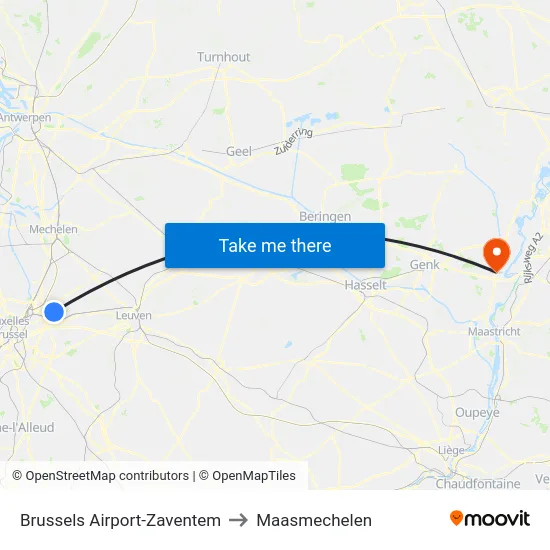 Brussels Airport-Zaventem to Maasmechelen map