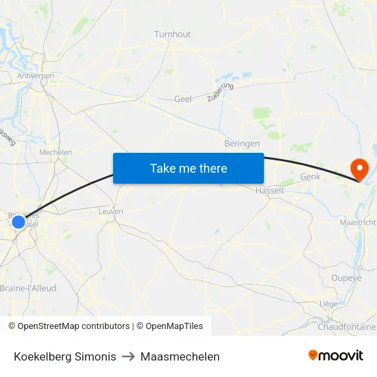 Koekelberg Simonis to Maasmechelen map