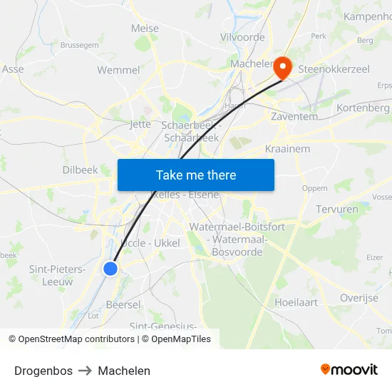 Drogenbos to Machelen map