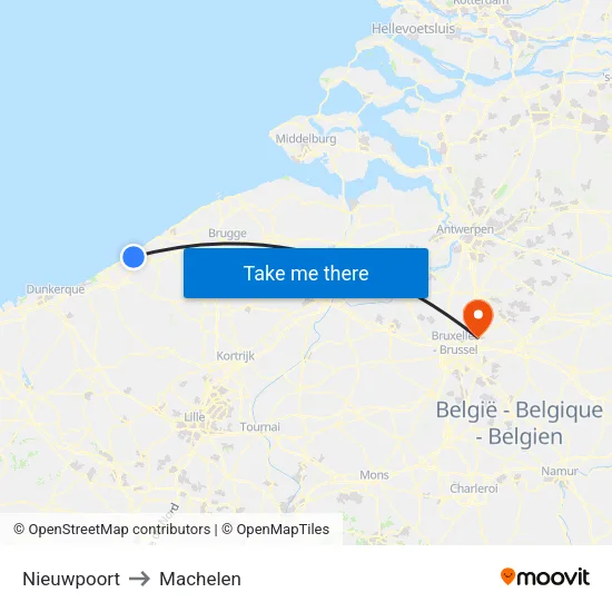 Nieuwpoort to Machelen map