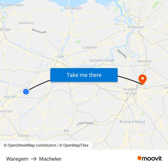 Waregem to Machelen map