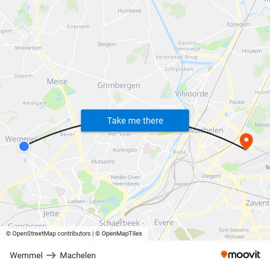 Wemmel to Machelen map