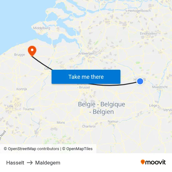 Hasselt to Maldegem map