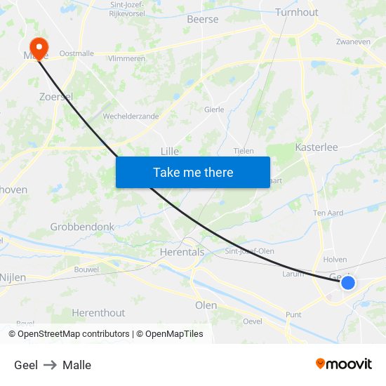 Geel to Malle map