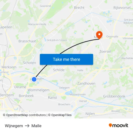 Wijnegem to Malle map
