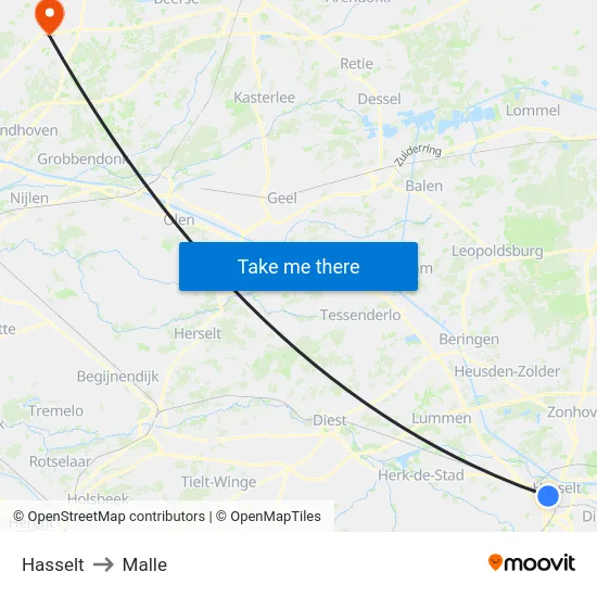 Hasselt to Malle map