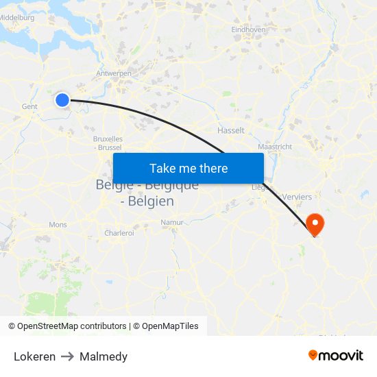 Lokeren to Malmedy map