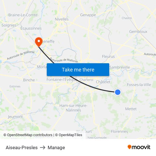 Aiseau-Presles to Manage map