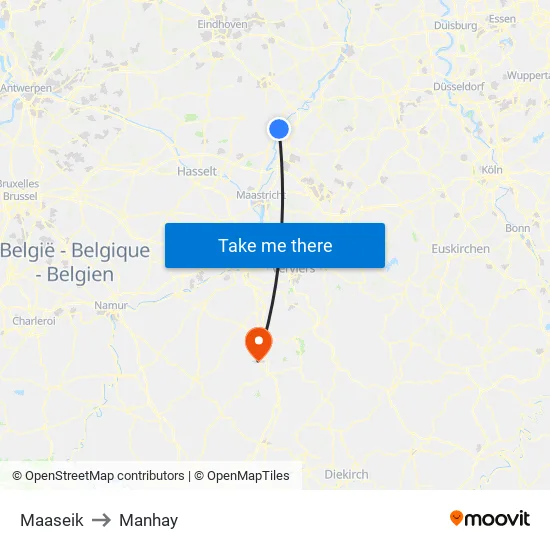 Maaseik to Manhay map