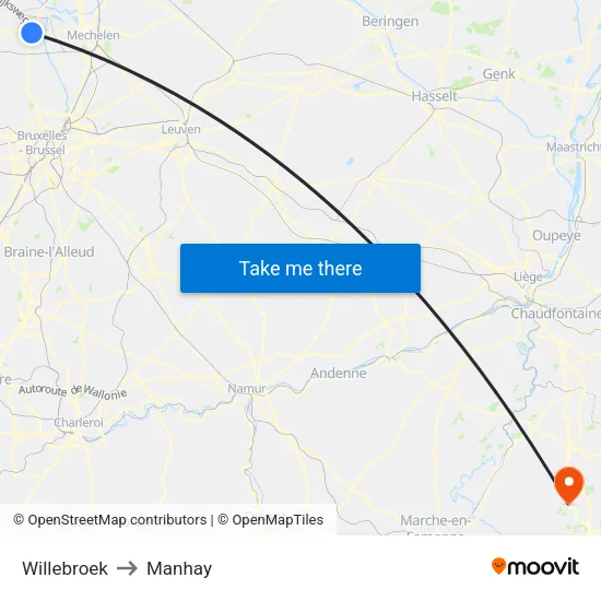 Willebroek to Manhay map