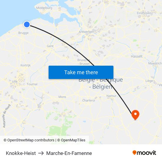 Knokke-Heist to Marche-En-Famenne map