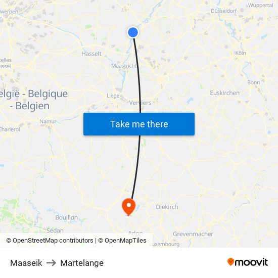 Maaseik to Martelange map