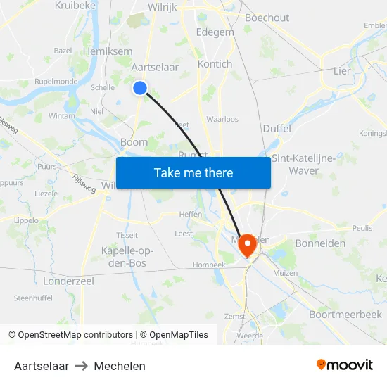 Aartselaar to Mechelen map